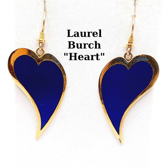 Vintage Laurel Burch Heart Dangle Earrings, Blue Enamel, Gold Plated, 2 Inches - Picture 1 of 10